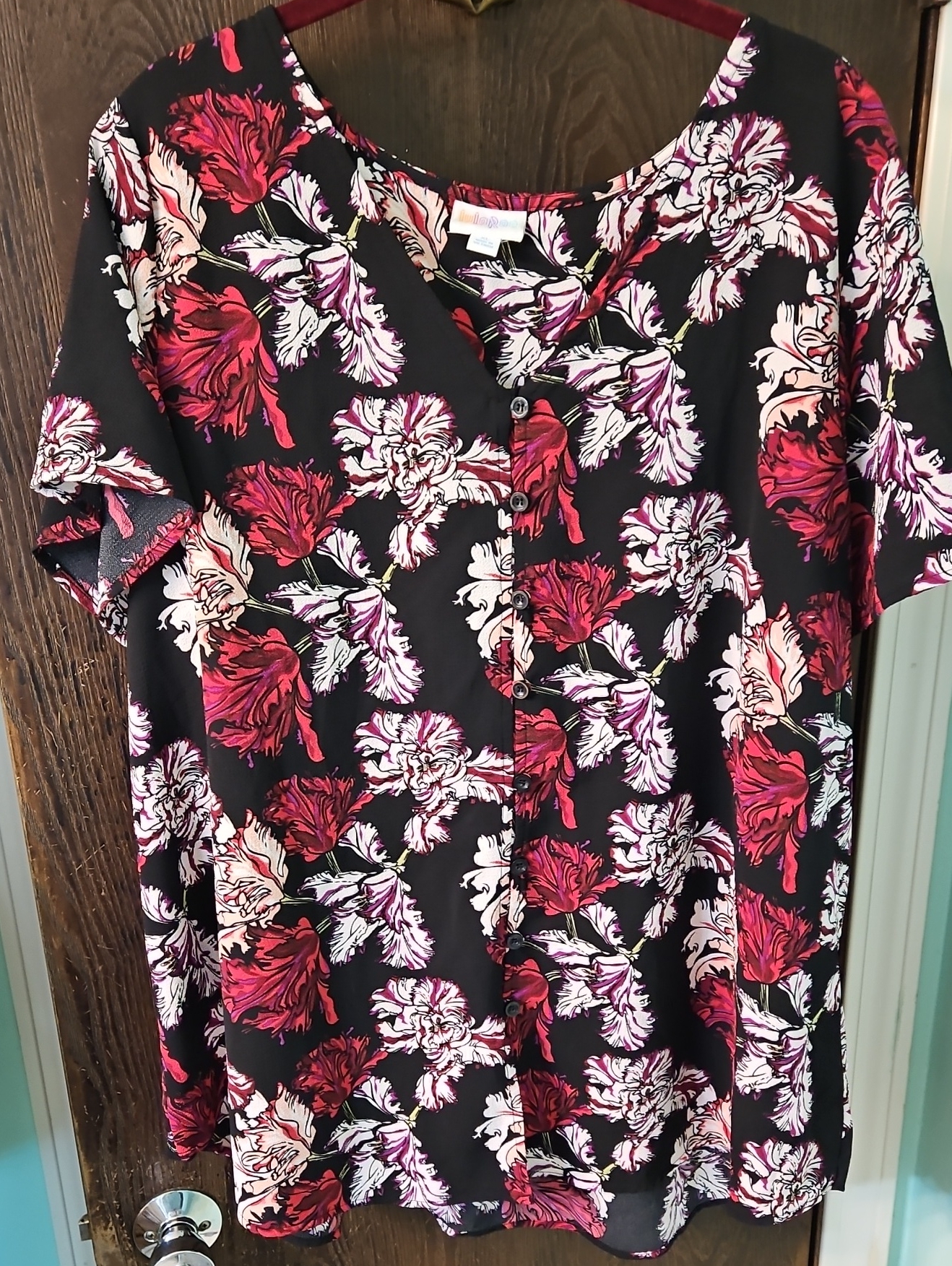 Lularoe Black Blouse With Red, Pink And Cream Floral Print